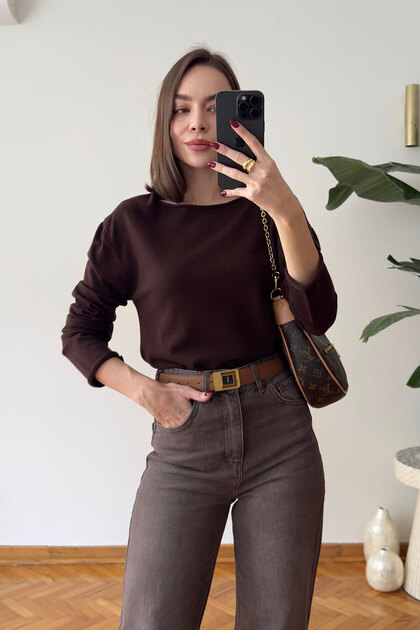 New Model Boat Neck Knitwear Blouse - Brown