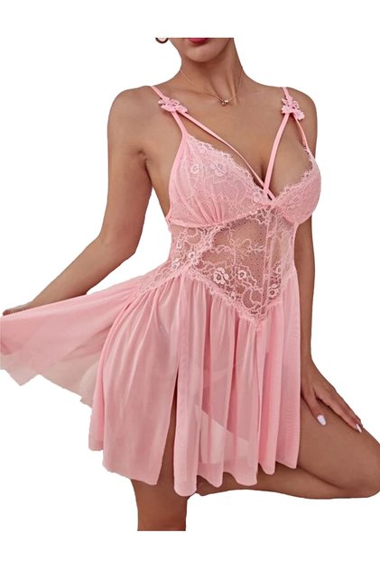 Womens 2 Piece Lace Sheer Mesh V Neck Babydoll Teddy Lingerie Set Pink Small