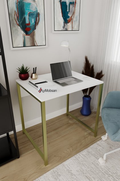 Selin Metal Ayaklı Çalışma Masası – Beyaz Suntalam, Gold Ayak, Modern Ofis & Ev Masası