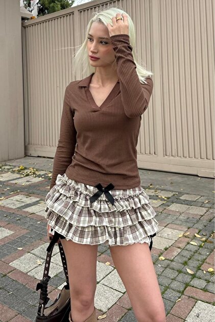 Bitter Brown Polo Neck Corded Fabric Women's Bodysuit Mg2566