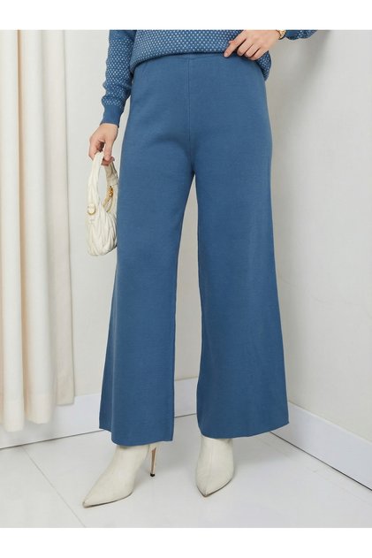 Women's Blue Wide-Leg Knit Pants - Soft Texture, Comfortable Fit, Stylish