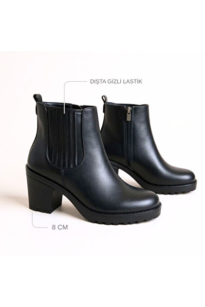 Black Genuine Leather Women's Boots with Rubber Detail and Internal Zipper