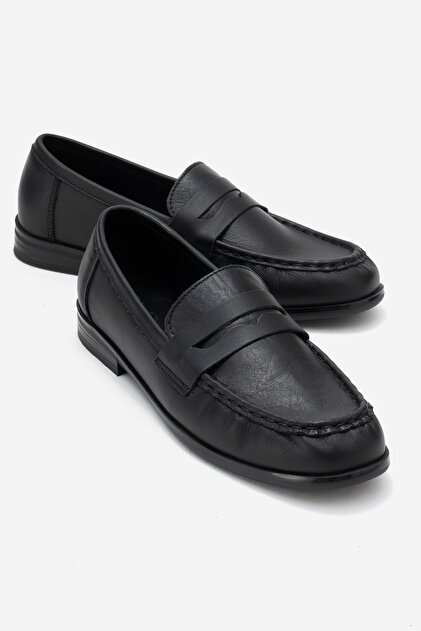 Valia Black Skin Genuine Leather Women's Loafer Shoes