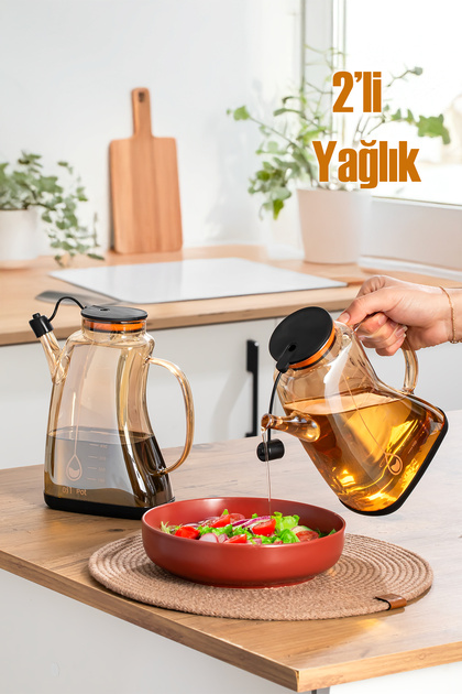 3855-1 Şeffaf Borosilikat Cam Zeytinyağ Şişesi - 2li Yağlık ve Sirkelik Seti Siyah 1lt