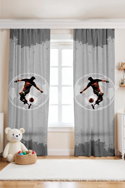Gray Sparkling Football Player Patterned Children's Baby Room Background Curtain (Single Panel Pricing)