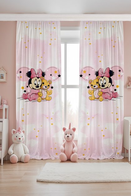 Minnie and Her Friend Teddy Bear Patterned Children's Baby Room Background Curtain (Single Panel Pricing)
