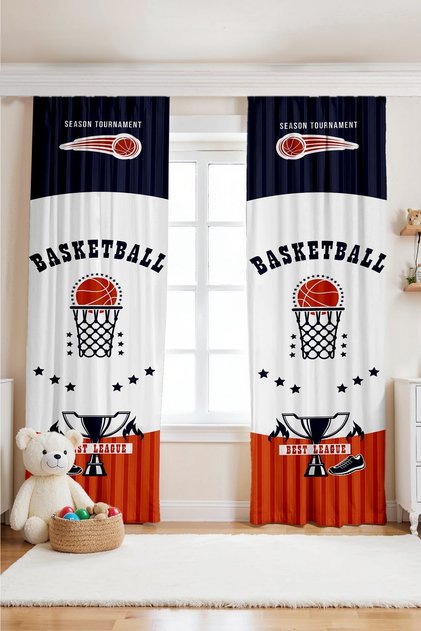Basketball Season Striped Basketball Patterned Children's Baby Room Background Curtain (Single Panel Pricing)
