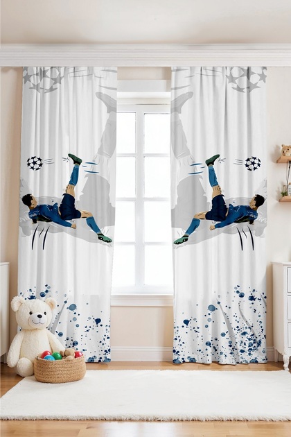 Navy Blue Football Patterned Children's Room Drapery Curtain (Single Panel Pricing)