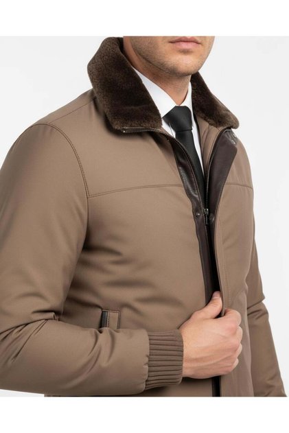 Italian Style S Slim Fit Zipper Fur Collar Leather Trim Men's Coat Brown T14698