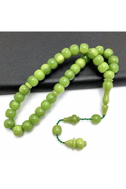 Green Marbled Cube Cut Crimped Amber Prayer Beads