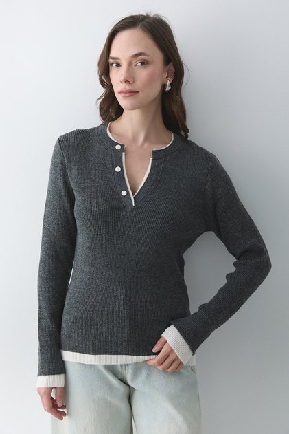 Anthracite - Cream 2-Patch Buttoned Sweater - 251023