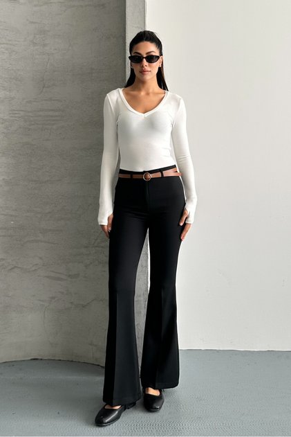Women's High Waist Flared Belted Palazzo Black Trousers
