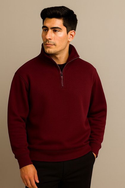Men's Mock Neck Half Zipper Sweatshirt 3 Thread Thick Relaxed Fit Sweatshirt