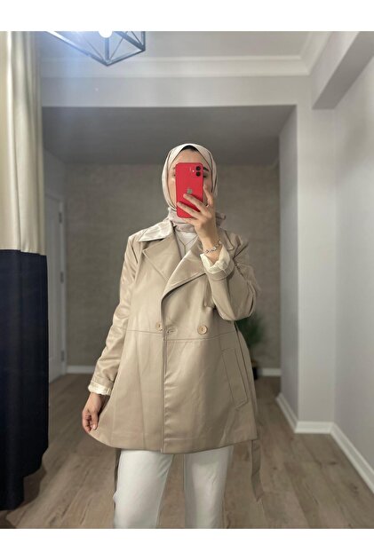Leather Single-Button Double-Pocket Mobile Belt Trench Coat -Mink
