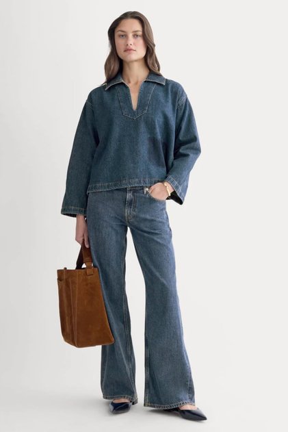 V Yaka Yama Cep Detaylı Oversize Denim Bluz Üst - Yıkamalı Kot Üst.