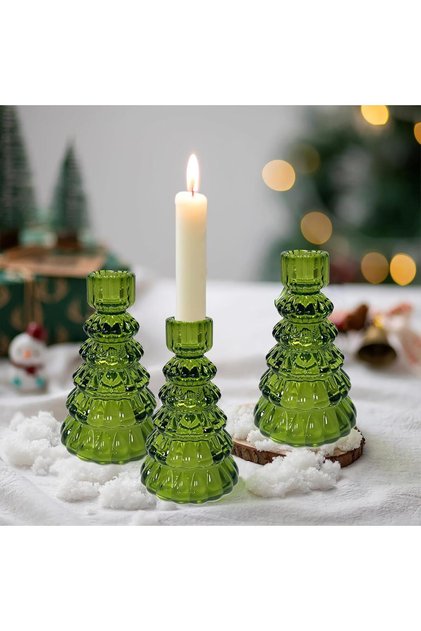 Green Taper Candle Holders Set of 3 - Ribbed Crystal Glass Christmas Tree Candlesticks