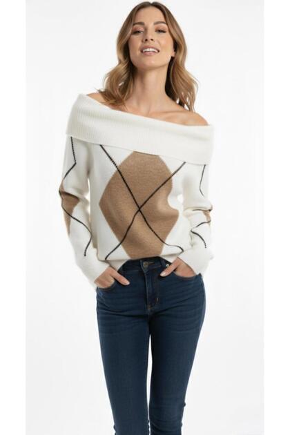 Women's Brown Beige Madonna Collar (Argyle) Argyle Pattern Open Shoulder Knitwear Sweater