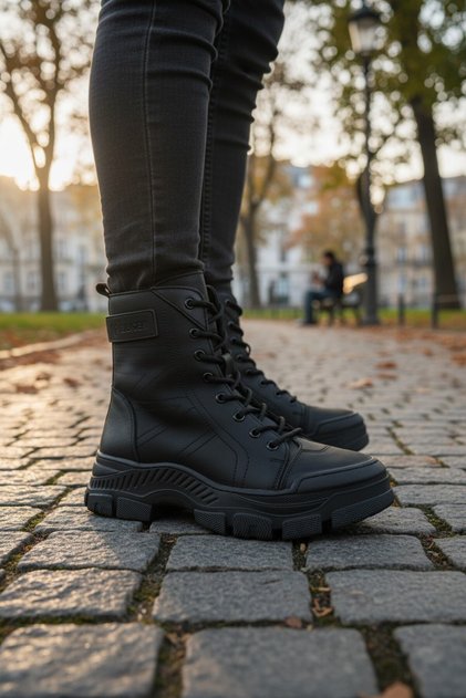9375 Black Genuine Nubuck Leather Zippered Lace-Up Women's Boots