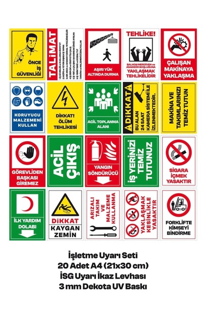 İşletme Uyarı Seti 20 Adet | A4 21x30 cm İSG Uyarı İkaz Levhası 3 mm Dekota