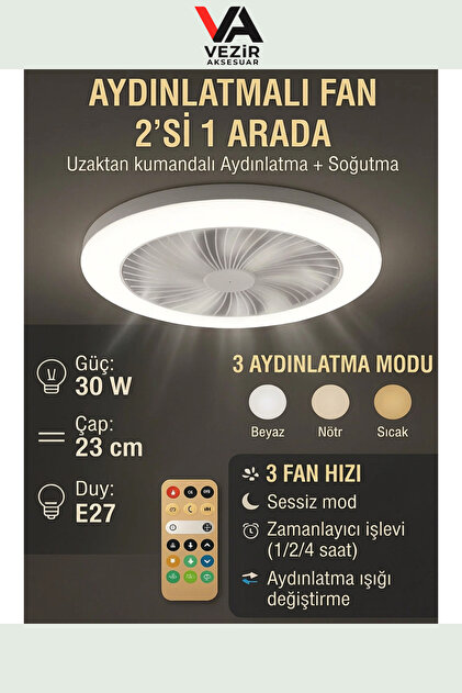 LED Işıklı E27 Tavan Vantilatörlü Lamba – 3 Hız, 3 Işık Modu, Uzaktan Kumandalı TRY99959