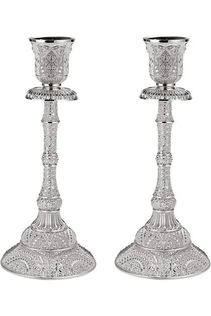 Set of 2 Taper Candle Holders, 7.4" Brass Candlestick Holders, Silver