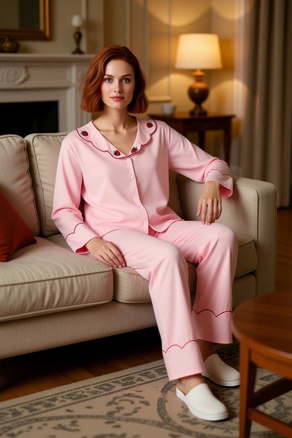 Women's Strawberry Embroidered Viscose Shirt Collar Pajama Set Functional Durable Quality Modern