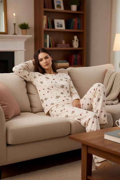 Women's Teddy Bear and Heart Patterned Fleece Pajama Set Functional Durable Quality Comfortable Stylish
