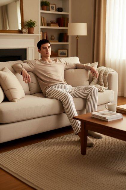 Men's Mink Striped Regular Fit Knitted Pajama Set Functional Durable Quality Comfortable