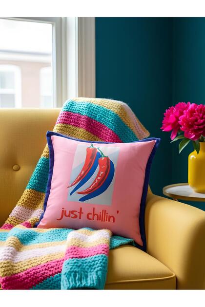 Just Chillin Written Double-Sided Suede Throw Pillow Cover - 43X43Cm - Colorful Throw Pillow Cover