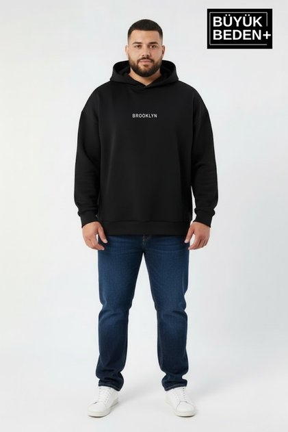 Men's Big Size Hooded Mid Brooklyn Printed Thin Sweatshirt Spr26Bsw961