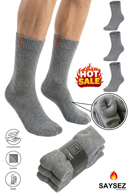 3 Pairs Thermal Men's Winter Socket Towel Thick Socks Stitch-Free Gray Color Premium Cotton