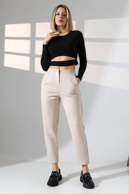 Women's Ecru Suede Pants/High Waist Carrot Leg Trendy Pants