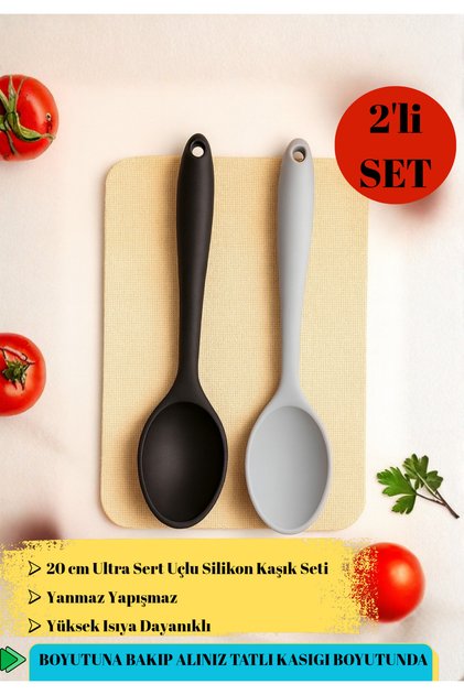 2’li 20 cm Ultra Sert Silikon Kaşık Seti – Yapışmaz,Tatlı Kaşığı Boyutunda Mini Servis Kaşığı