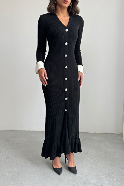 Lusin Women's black chic ankle-length button-down long knit dress- Trendyol