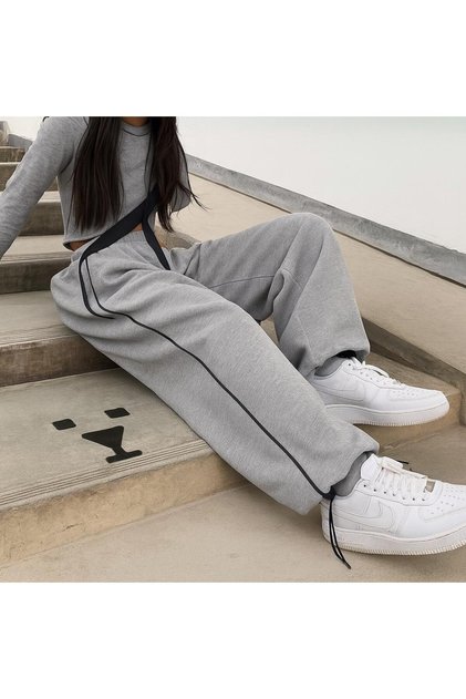 Pantaloni de trening supradimensionați, gri Harajuku, cu fermoar