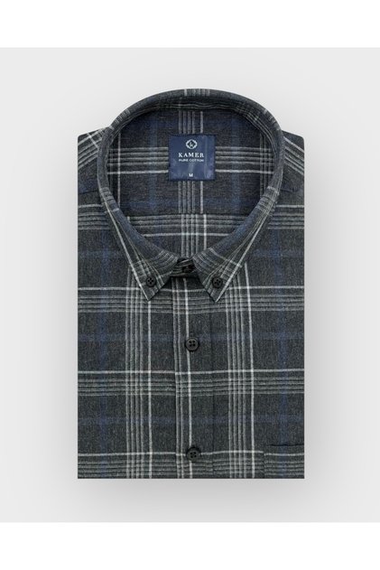 Regular Fit Winter Full Cotton Long Sleeve Button-Up Collar Plaid Anthracite Shirt 3867A