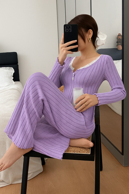 Long Sleeve Button and Lace Detailed Women's Pajama Set