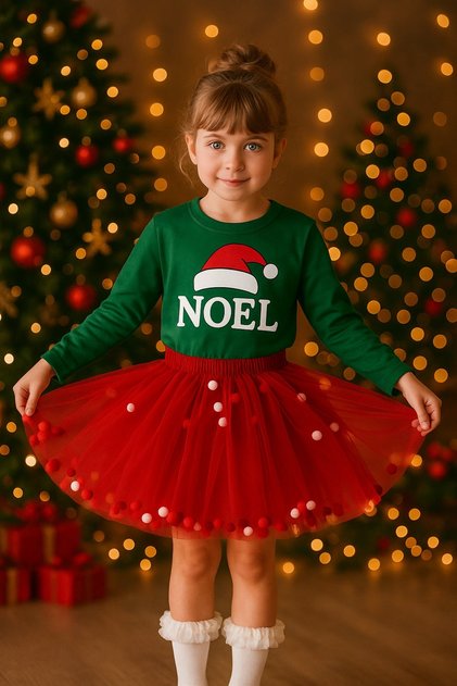 New Year's Girl's Red Tutu Skirt with Moving Pompom Detail