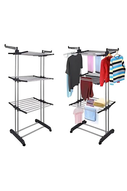 Uscator vertical pentru rufe Macvi®, cu 3 nivele de uscare, mobil si pliabil, suport umerase, negru