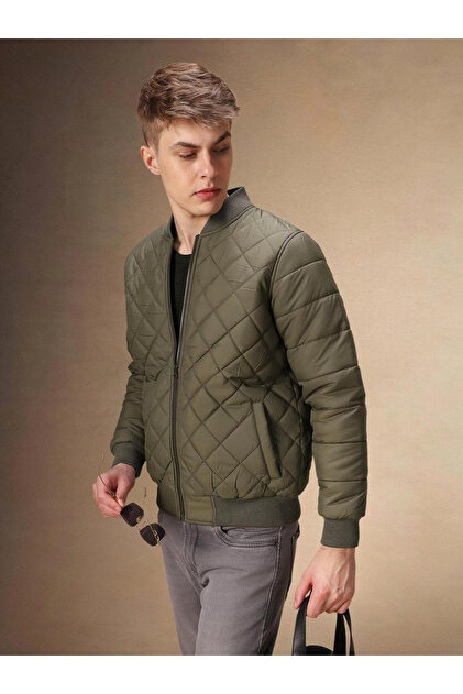 Men Olive Quilted Zip-Up Bomber Jacket