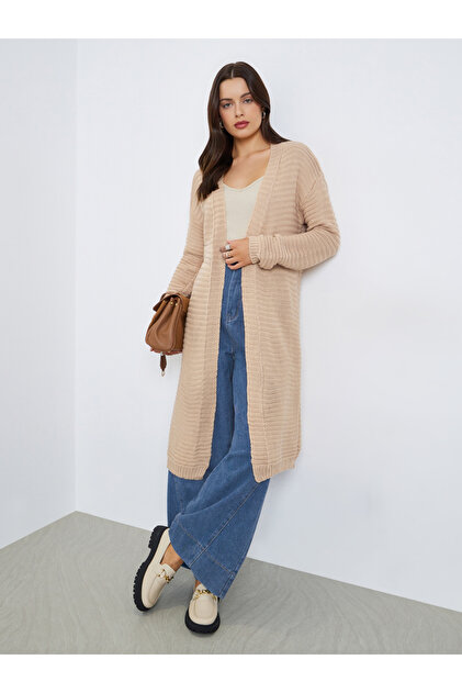 Beige Textured Knit Midi Cardigan
