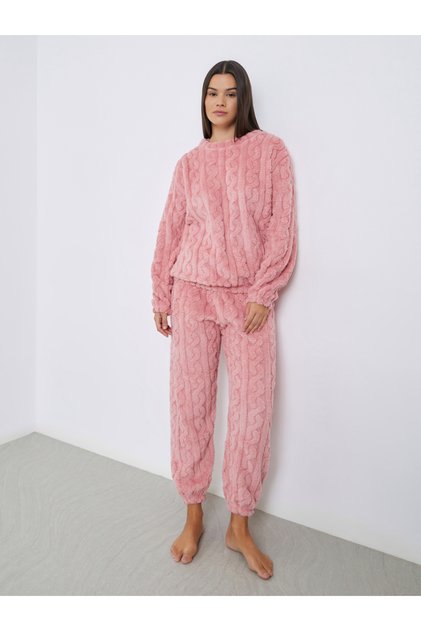 Cable Knit Fleece Top and Cuffed Joggers Set