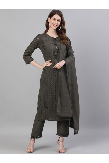 Olive Green Kurta with Trousers and Dupatta Set