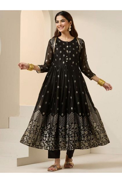 Black Poly Georgette kurta with Pants and Dupatta Set