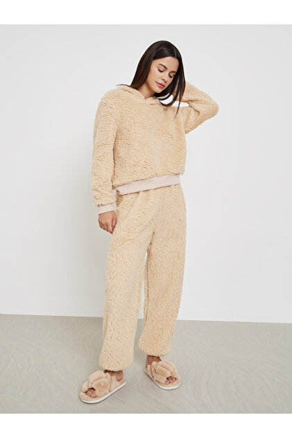 Beige Fleece Hoodie and Long Pyjama Set