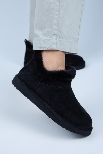 Cora Women's Genuine Leather Mini Black Boots with Fur Detail