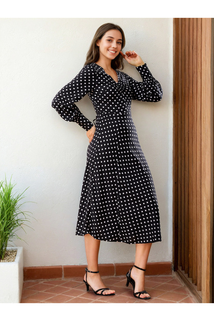 Black Polka Dot Print Long Sleeve Midi Dress