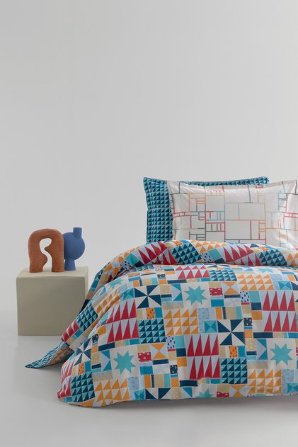 Patchwork Ranforce Single Duvet Cover Set - Blue