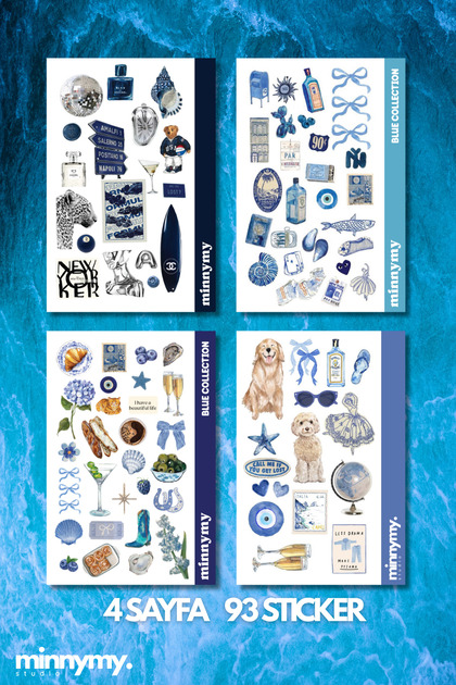 4'lü Blue Mavi Sticker, Çıkartma, Ajanda, Günlük, Planlayıcı, Bullet Journal , Scrapbook