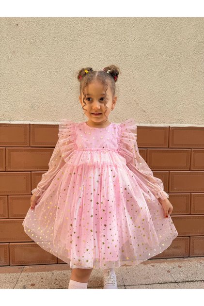 Baby Girls Children's Starry Tulle Long Sleeve Combed Cotton Lined Birthday Special Occasion Party Eid Dress